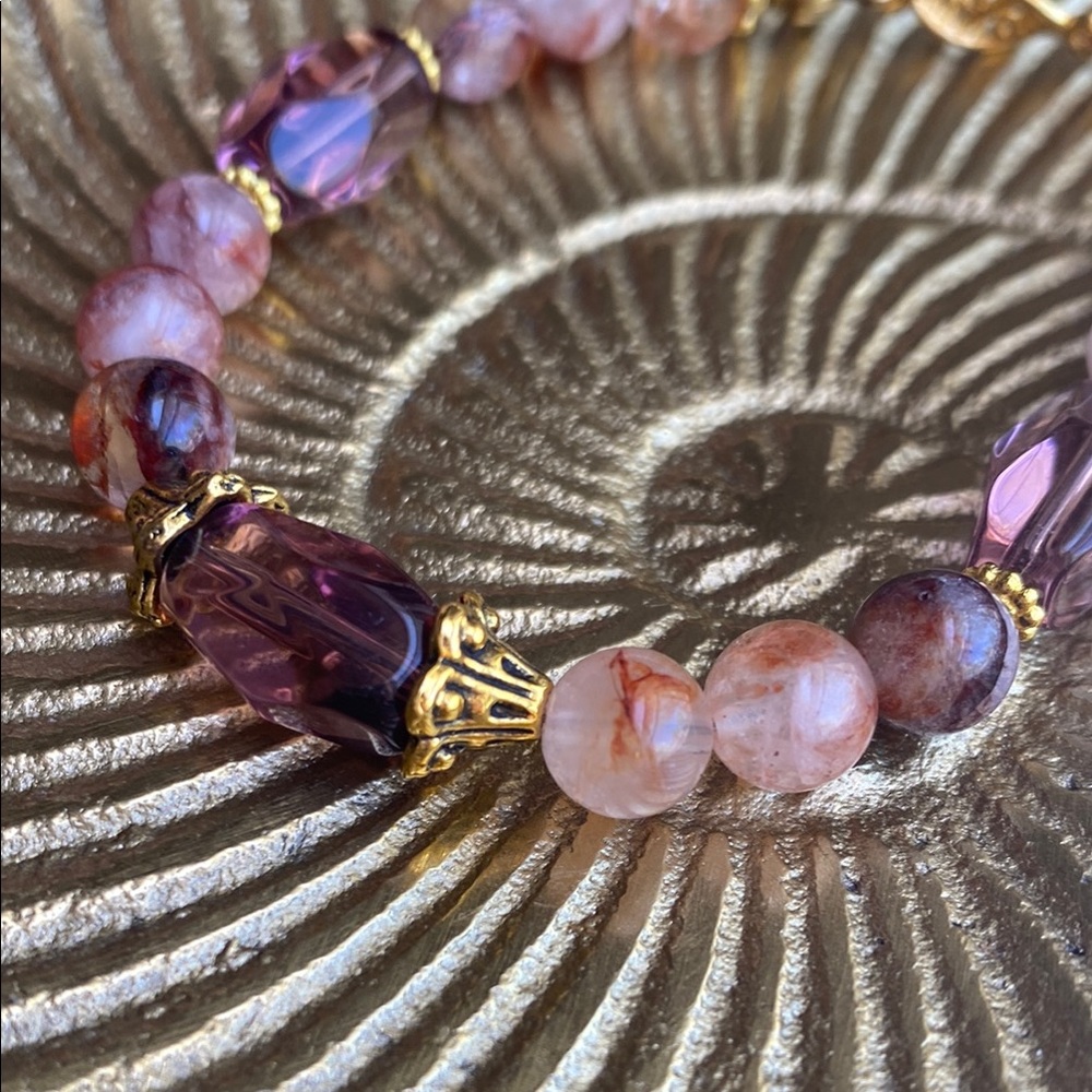 Handmade Purple Glass and Agate Beads with Gold Accents Bracelet